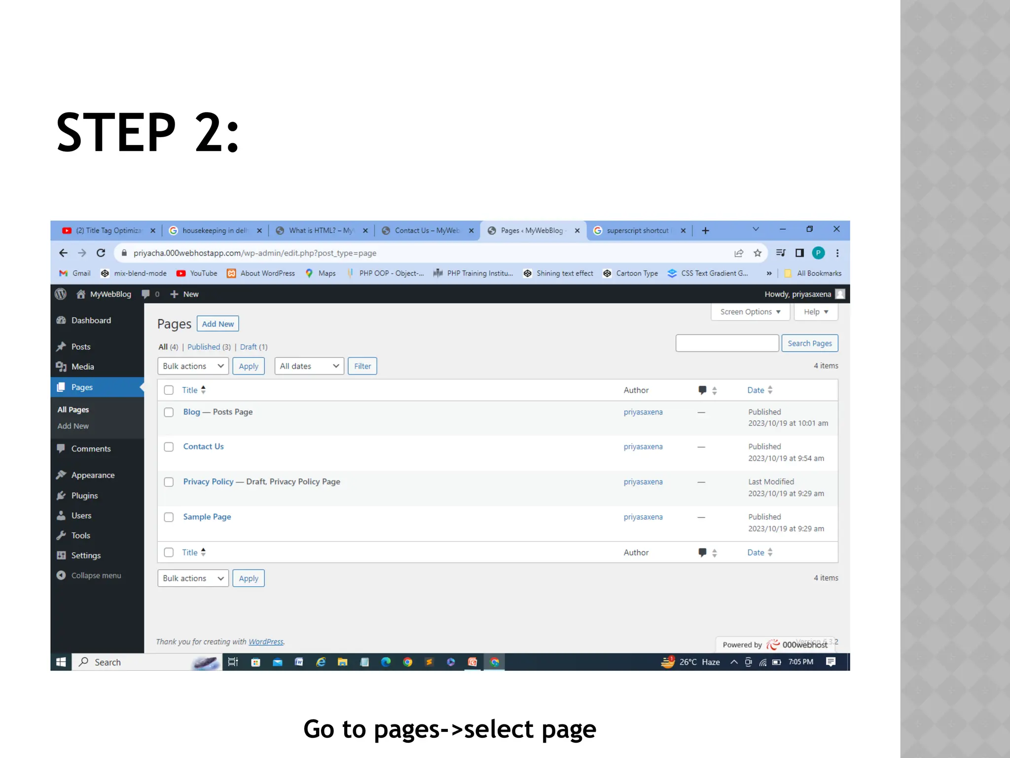 STEP 2:
Go to pages->select page
 