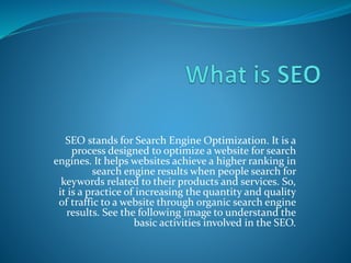 SEO stands for Search Engine Optimization. It is a
process designed to optimize a website for search
engines. It helps websites achieve a higher ranking in
search engine results when people search for
keywords related to their products and services. So,
it is a practice of increasing the quantity and quality
of traffic to a website through organic search engine
results. See the following image to understand the
basic activities involved in the SEO.
 