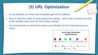 (5) URL Optimization
● In any website url is the most important part of the website.
● First its help the visitor to know about the website , and it also increase the click
of the website whenever the link is been shared.
● And keeping the url short that makes user friendly url and it became easy to
share.
 