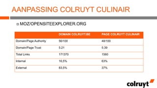 AANPASSING COLRUYT CULINAIR
 MOZ/OPENSITEEXPLORER.ORG
DOMAIN COLRUYT.BE

PAGE COLRUYT CULINAIR

Domain/Page Authority

56/100

48/100

Domain/Page Trust

5.21

5.39

Total Links

171370

1560

Internal

16,5%

63%

External

83,5%

37%

 