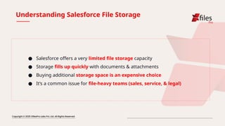 Understanding Salesforce File Storage
● Salesforce offers a very limited file storage capacity
● Storage fills up quickly with documents & attachments
● Buying additional storage space is an expensive choice
● It’s a common issue for file-heavy teams (sales, service, & legal)
 