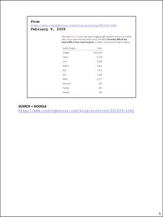 SEARCH = GOOGLE
http://www.codinghorror.com/blog/archives/001224.html




                                                        5
 