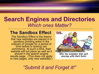 Search Engines and Directories Which ones Matter? The Sandbox Effect The Sandbox Effect is the theory that new websites are placed in a sandbox (holding area) in the indexes of Google for a period of time before a ranking can commence. At such a time, their website will not place as well as it should in the search engine results page.  (This does not apply to new pages, only new websites.) “ Submit it and Forget it!” 