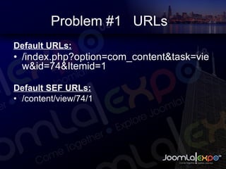 Problem #1  URLs Default URLs: /index.php?option=com_content&task=view&id=74&Itemid=1 Default SEF URLs: /content/view/74/1 