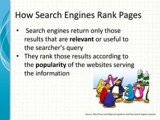 How Search Engines Rank Pages
• Search engines return only those
results that are relevant or useful to
the searcher's query
• They rank those results according to
the popularity of the websites serving
the information
Source: http://moz.com/beginners-guide-to-seo/how-search-engines-operate
 