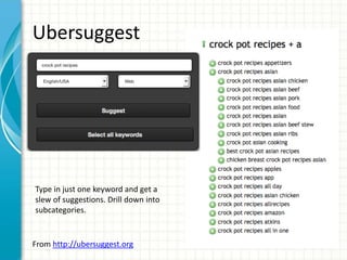 Ubersuggest
From http://ubersuggest.org
Type in just one keyword and get a
slew of suggestions. Drill down into
subcategories.
 