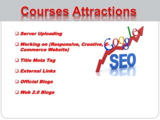  Server Uploading
 Working on (Responsive, Creative, E-
Commerce Website)
 Title Meta Tag
 External Links
 Official Blogs
 Web 2.0 Blogs
 