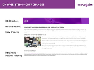 ON-PAGE: STEP 4 – COPY CHANGES
H1 (Headline)
H2 (Sub-Header)
Copy Changes
Intralinking –
impoves indexing
 