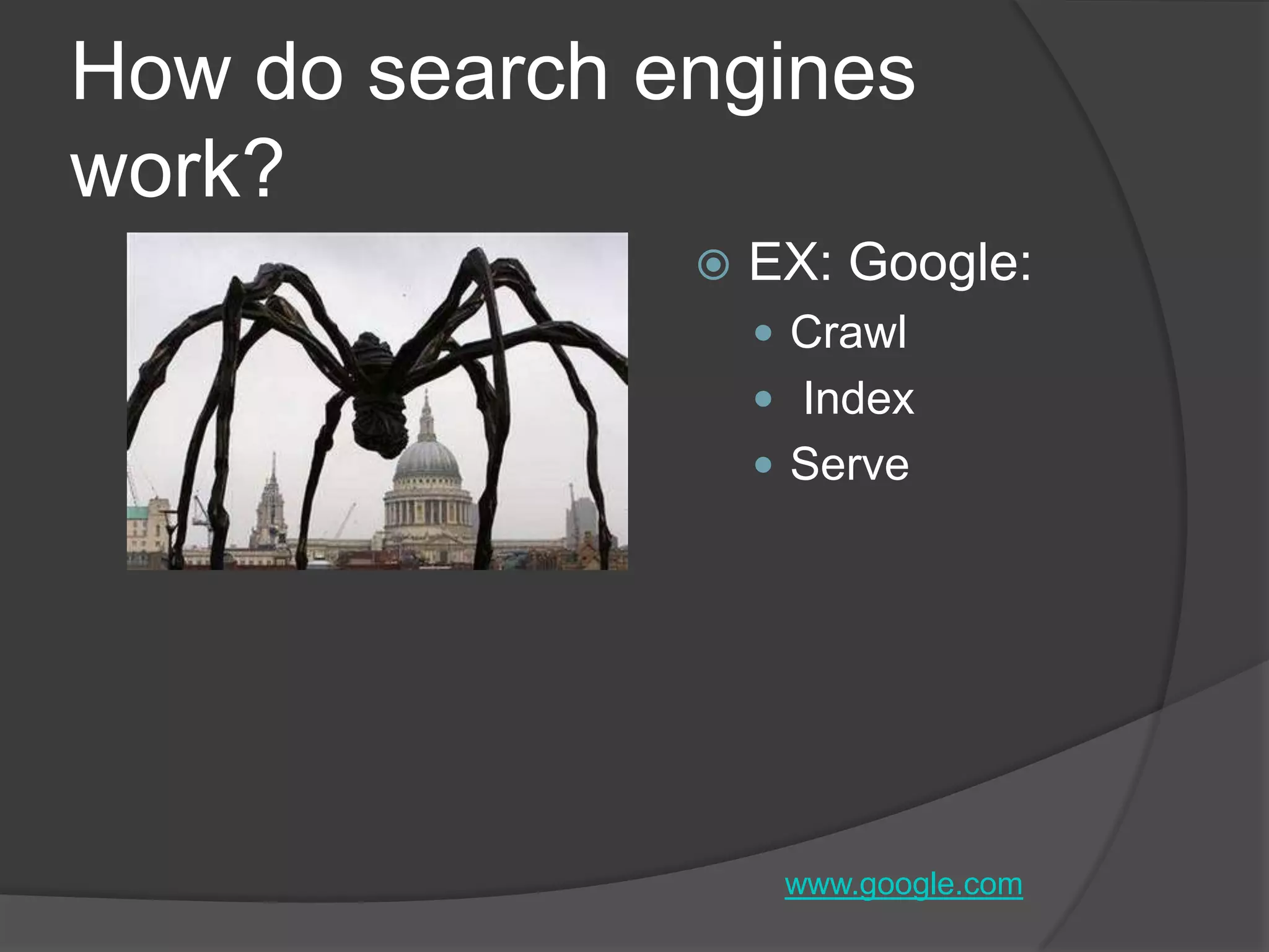 How do search engines work?EX: Google: Crawl IndexServewww.google.com