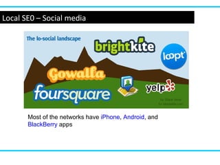www.webyogi.co.uk
Local SE0 – Social media
Most of the networks have iPhone, Android, and
BlackBerry apps
 