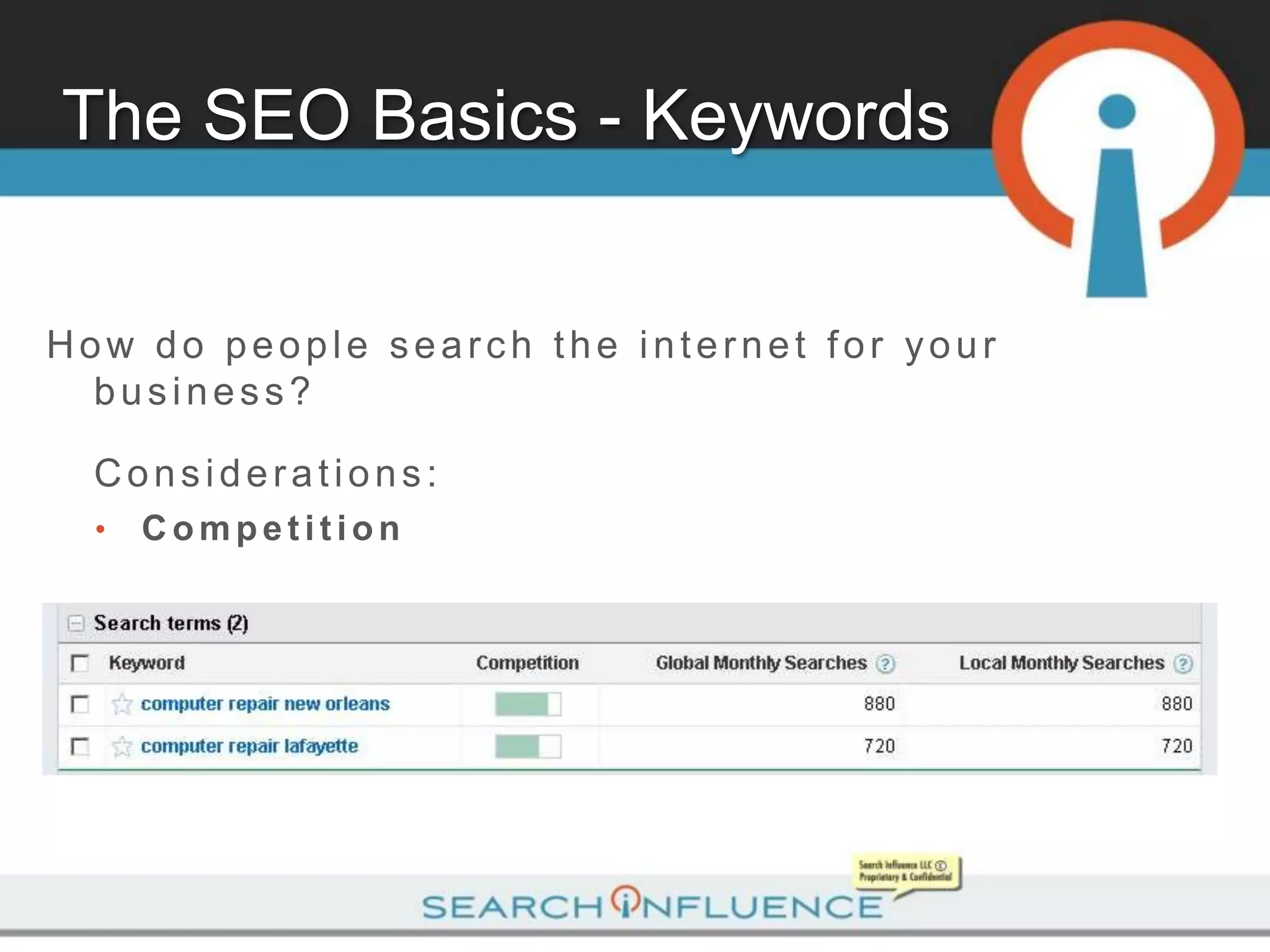The SEO Basics - Keywords


How do people search the internet for your
  business?

  Considerations:
  •   Competition
 