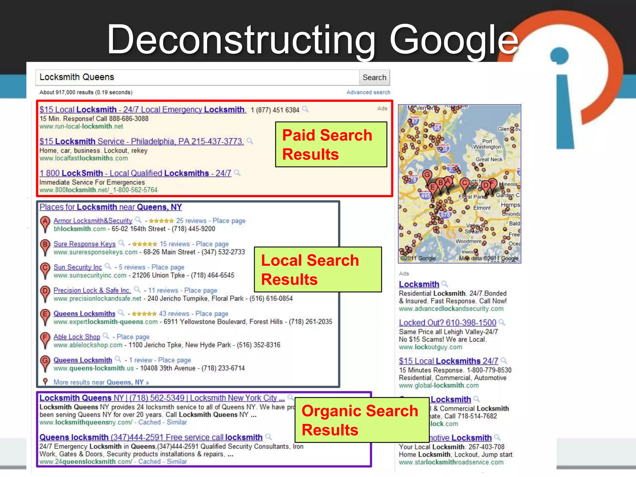 Deconstructing Google

         Paid Search
         Results




       Local Search
       Results




           Organic Search
           Results
 