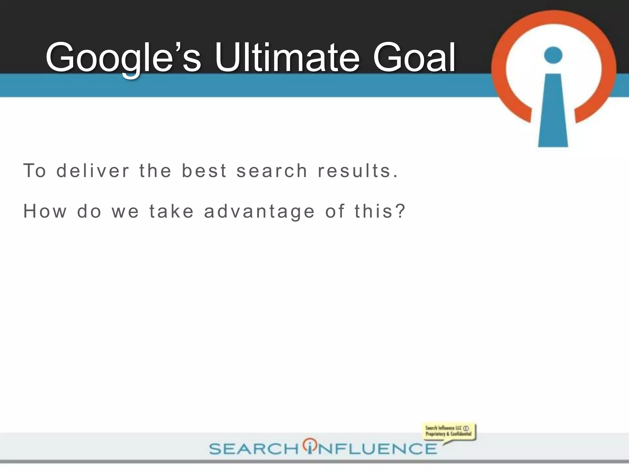 Google’s Ultimate Goal

To d e l i v e r t h e b e s t s e a r c h r e s u l t s .

How do we take advantage of this?
 