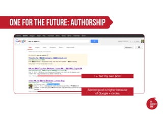 one for the future: authorship




                             l + 1ed my own post



                        Second post is higher because
                             of Google + circles
 