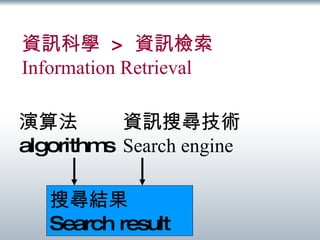資訊科學  >  資訊檢索 Information Retrieval 資訊搜尋技術 Search engine 演算法 algorithms 搜尋結果 Search result 