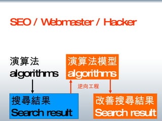 SEO / Webmaster / Hacker 演算法 algorithms 搜尋結果 Search result 逆向工程 演算法模型 algorithms 改善搜尋結果 Search result 