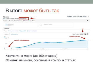 В итоге может быть так
Контент: не много (до 100 страниц)
Ссылок: не много, основные = ссылки в статьях
 