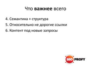 Что важнее всего
4. Семантика + структура
5. Относительно не дорогие ссылки
6. Контент под новые запросы
 