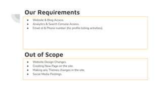Our Requirements
● Website & Blog Access.
● Analytics & Search Console Access.
● Email id & Phone number (for proﬁle listing activities).
Out of Scope
● Website Design Changes.
● Creating New Page on the site.
● Making any Themes changes in the site.
● Social Media Postings.
 