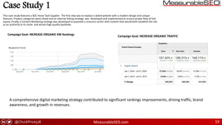 @ChuckPrice518 MeasurableSEO.com 19
Case Study 1
This case study features a B2C Horse Tack Supplier. The first step was to replace a dated website with a modern design and unique
features. Product categories were siloed and an internal linking strategy was developed and implemented to ensure proper flow of link
equity. Finally, a Content Marketing strategy was developed to populate a resource center with content that would both establish the site
as an authority in its niche and attract high quality backlinks.
Campaign Goal: INCREASE ORGANIC TRAFFIC
Campaign Goal: INCREASE ORGANIC KW Rankings
A comprehensive digital marketing strategy contributed to significant rankings improvements, driving traffic, brand
awareness, and growth in revenues.
 
