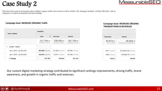 @ChuckPrice518 MeasurableSEO.com 21
Case Study 2
This client had a goal of increasing online visibility, organic traffic and revenues to their website. The campaign included a holistic SEO plan, with an
emphasis on content development and link building.
Campaign Goal: INCREASE ORGANIC
TRANSACTIONS & REVENUES
Campaign Goal: INCREASE ORGANIC Traffic
Our custom digital marketing strategy contributed to significant rankings improvements, driving traffic, brand
awareness, and growth in organic traffic and revenues.
 