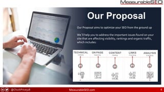@ChuckPrice518 MeasurableSEO.com 4
Our Proposal
Our Proposal aims to optimize your SEO from the ground up.
We´ll help you to address the important issues found on your
site that are affecting visibility, rankings and organic traffic,
which includes:
 