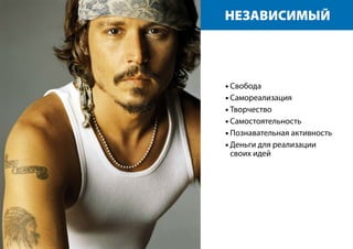 НЕЗАВИСИМЫЙ
• Свобода
• Самореализация
• Творчество
• Самостоятельность
• Познавательная активность
• Деньги для реализации
своих идей
 
