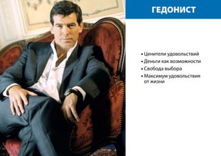 ГЕДОНИСТ
• Ценители удовольствий
• Деньги как возможности
• Свобода выбора
• Максимум удовольствия
от жизни
 