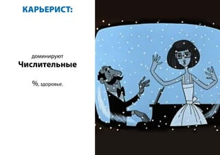 КАРЬЕРИСТ:
доминируют
Числительные
%, здоровье.
 