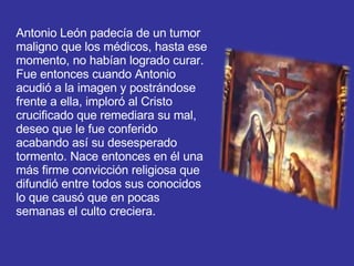 Antonio León padecía de un tumor maligno que los médicos, hasta ese momento, no habían logrado curar. Fue entonces cuando Antonio acudió a la imagen y postrándose frente a ella, imploró al Cristo crucificado que remediara su mal, deseo que le fue conferido acabando así su desesperado tormento. Nace entonces en él una más firme convicción religiosa que difundió entre todos sus conocidos lo que causó que en pocas semanas el culto creciera.  