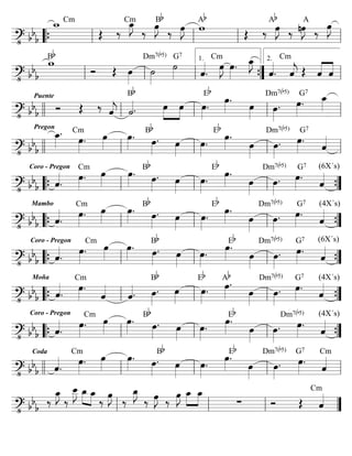 ========================?• bb
b
w_ Cm
Œ ‰
Cmœ_»»»»
J
‰
œ»»»»
JBb
‰ œ»»»»
J w
Ab
Œ ‰
Ab
œ»»»»
J ‰ nœ»»»»
J
A
‰
œ»»»»
J
““{ ll ll ll ll
========================?• bb
b
wBb
Ó Œ œ»»»»
˙»»»»
Dm7(b5)
˙»»»»
G7
ˆ««««
.
Cm
œ»»»»
J œ»»»»
. œ_»»»»
J
ˆ««««
.
Cm
ˆ««««
j Œ ««««
««««
ˆ ˆll ll ll ””{
1.
ll
2.
========================?• bb
b
Puente
Pregon
Ó Œ ‰ ˆ««««
j ˙««««.
Bb
œ»»»»
»»»»
œ œ»»»»
.
Eb
œ»»»»
.
œ»»»»
œ»»»»
.
Dm7(b5)
œ»»»»
.
G7
œ_»»»»
llll ll ll ll ll
========================?• bb
b
œ_»»»»
.
œ»»»»
.
Cm
œ»»»»
œ»»»»
. œ»»»»
.
Bb
œ»»»»
œ»»»»
.
Eb
œ»»»»
.
œ»»»»
œ»»»»
.
Dm7(b5)
œ»»»»
.
G7
ˆ««««
llll ll ll ll ll
========================?• bb
b
Coro - Pregon
ˆ««««
.
œ»»»»
.
Cm
œ»»»»
œ»»»»
. Bb
œ»»»»
. œ»»»»
œ»»»»
.
Eb
œ»»»»
.
œ»»»»
œ»»»»
.
Dm7(b5)
œ»»»»
.
G7
ˆ««««
(6X´s)
““{ ll ll ll ””{
========================?• bb
b
Mambo
ˆ««««
.
œ»»»»
.
Cm
œ»»»»
œ»»»»
. Bb
œ»»»»
. œ»»»»
œ»»»»
.
Eb
œ»»»»
.
œ»»»»
œ»»»»
.
Dm7(b5)
œ»»»»
.
G7
ˆ««««
(4X´s)
““{ ll ll ll ””{
========================?• bb
b
Coro - Pregon
ˆ««««
.
œ»»»»
.
Cm
œ»»»»
œ»»»»
. œ»»»»
. œ»»»»
Bb
œ»»»»
.
œ»»»»
.
œ»»»»
Eb
œ»»»»
.
Dm7(b5)
œ»»»»
.
G7 (6X´s)
ˆ««««
““{ ll ll ll ””{
========================?• bb
b
Moña
ˆ««««
.
œ»»»»
.
Cm
ˆ««««
ˆ««««. œ»»»»
.
Bb
œ»»»»
œ»»»»
.
Eb
œ»»»»
.Ab
œ»»»»
œ»»»»
.
Dm7(b5)
œ»»»»
.
G7
ˆ««««
(4X´s)
““{ ll ll ll ””{
========================?• bb
b
Coro - Pregon
ˆ««««
.
œ»»»»
.
Cm
œ»»»»
œ»»»»
. œ»»»»
. œ»»»»
Bb
œ»»»»
.
œ»»»»
.
œ»»»»
Eb
œ»»»»
.
Dm7(b5)
œ»»»»
.
(4X´s)
ˆ««««
““{ ll ll ll ””{
========================?• bb
b
Coda
ˆ««««
.
œ»»»»
.
Cm
œ»»»»
œ»»»»
. œ»»»»
. œ»»»»
Bb
œ»»»»
.
œ»»»»
.
œ»»»»
Eb
œ»»»»
.
Dm7(b5)
œ»»»»
.
G7
ˆ««««
Cm
llll ll ll ll ll
========================?• bb
b
‰
œ_»»»»
J
‰
œ__»»»»
J »»»»
»»»»
œ_ œ_
‰
œ»»»»
J
‰
œ_»»»»
J
‰ œ»»»»
J ‰
E »»»»
»»»»
œ_ œ_
∑ Ó Œ
Cm
ˆ««««
ll ll ll ””
 
