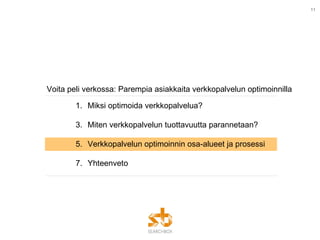 Voita peli verkossa: Parempia asiakkaita verkkopalvelun optimoinnilla Miksi optimoida verkkopalvelua? Miten verkkopalvelun tuottavuutta parannetaan? Verkkopalvelun optimoinnin osa-alueet ja prosessi Yhteenveto 
