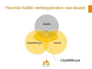 Huomioi kaikki verkkopalvelun osa-alueet Löydettävyys 