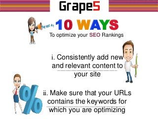 To optimize your SEO Rankings
10 WAYS
i. Consistently add new
and relevant content to
your site
ii. Make sure that your URLs
contains the keywords for
which you are optimizing
…………………………………………………………
……………………………………………………………………………
 