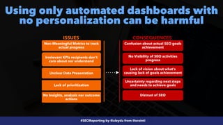 #SEOReporting by @aleyda from @orainti
Using only automated dashboards with
no personalization can be harmful
Non-Meaningful Metrics to track
actual progress
ISSUES CONSEQUENCES
No Insights, analysis nor outcome
actions
Irrelevant KPIs recipients don’t
care about nor understand
Lack of prioritization
Unclear Data Presentation
Confusion about actual SEO goals
achievement
No Visibility of SEO activities
progress
Lack of vision about what’s
causing lack of goals achievement
Uncertainty regarding next steps
and needs to achieve goals
Distrust of SEO
 