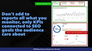 #SEOReporting by @aleyda from @orainti
Don’t add to
reports all what you
monitor, only KPIs
connected to SEO
goals the aud...