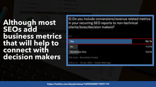 #SEOReporting by @aleyda from @orainti
Although most
SEOs add
business metrics
that will help to
connect with
decision makers
https://twitter.com/aleyda/status/1459202085715591174
 