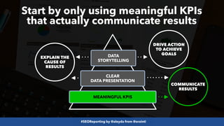 #SEOReporting by @aleyda from @orainti
Start by only using meaningful KPIs
that actually communicate results
MEANINGFUL KPIS
CLEAR
DATA PRESENTATION
DATA
STORYTELLING
COMMUNICATE
RESULTS
EXPLAIN THE
CAUSE OF
RESULTS
DRIVE ACTION
TO ACHIEVE
GOALS
 