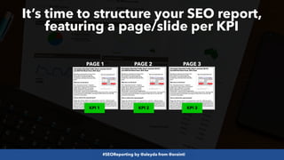 #SEOReporting by @aleyda from @orainti
It’s time to structure your SEO report,
featuring a page/slide per KPI
PAGE 1 PAGE 2 PAGE 3
KPI 1 KPI 2 KPI 3
 
