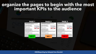 #SEOReporting by @aleyda from @orainti
organize the pages to begin with the most
important KPIs to the audience
PAGE 1 PAGE 2 PAGE 3
KPI 3
KPI 2 KPI 1
 