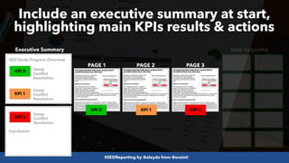 #SEOReporting by @aleyda from @orainti
Include an executive summary at start,
highlighting main KPIs results & actions
Executive Summary Data Appendix
PAGE 1 PAGE 2 PAGE 3
KPI 3
KPI 2 KPI 1
KPI 3
KPI 1
KPI 2
SEO Goals Progress Overview
Setup
Conflict
Resolution
Setup
Conflict
Resolution
Setup
Conflict
Resolution
Conclusion
 