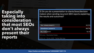 #SEOReporting by @aleyda from @orainti
Especially
taking into
consideration
that most SEOs
don’t always
present their
repo...