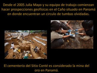 Desde el 2005 Julia Mayo y su equipo de trabajo comienzan
hacer prospecciones geofísicas en el Caño situado en Panamá
en donde encuentran un circulo de tumbas olvidadas.

El cementerio del Sitio Conté es considerado la mina del
oro en Panamá.

 