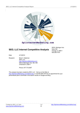 SEO, LLC Internet Competitive Analysis Report                                                                2/13/2012




                                                                             500 N. Michigan Ave.
                                                                             Suite 300
    SEO, LLC Internet Competitive Analysis                                   Chicago, IL 60611
                                                                             920-285-7570

    Date:            2/13/2012

    Recipient:       Brian C. Bateman
                     SEO, LLC
                     http://SplinternetMarketing.com
                     500 N. Michicgan Ave. Ste. 300
                     CHICAGO IL 60611

                     Phone: 877-710-2007


    This analysis has been created by SEO, LLC. Visit us on the Web at
    http://SplinternetMarketing.com/default.asp or call 920-285-7570 for an appointment for your
    personalized plan to dominate in the search results on Google and Bing.




Created by SEO, LLC dba                                  1 of               http://SplinternetMarketing.com/default.asp
www.SplinternetMarketing.com                              68
 
