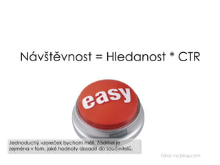 Návštěvnost = Hledanost * CTR
Zdroj: nscblog.com
Jednoduchý vzoreček bychom měli. Zádrhel je
zejména v tom, jaké hodnoty dosadit do součinitelů.
 