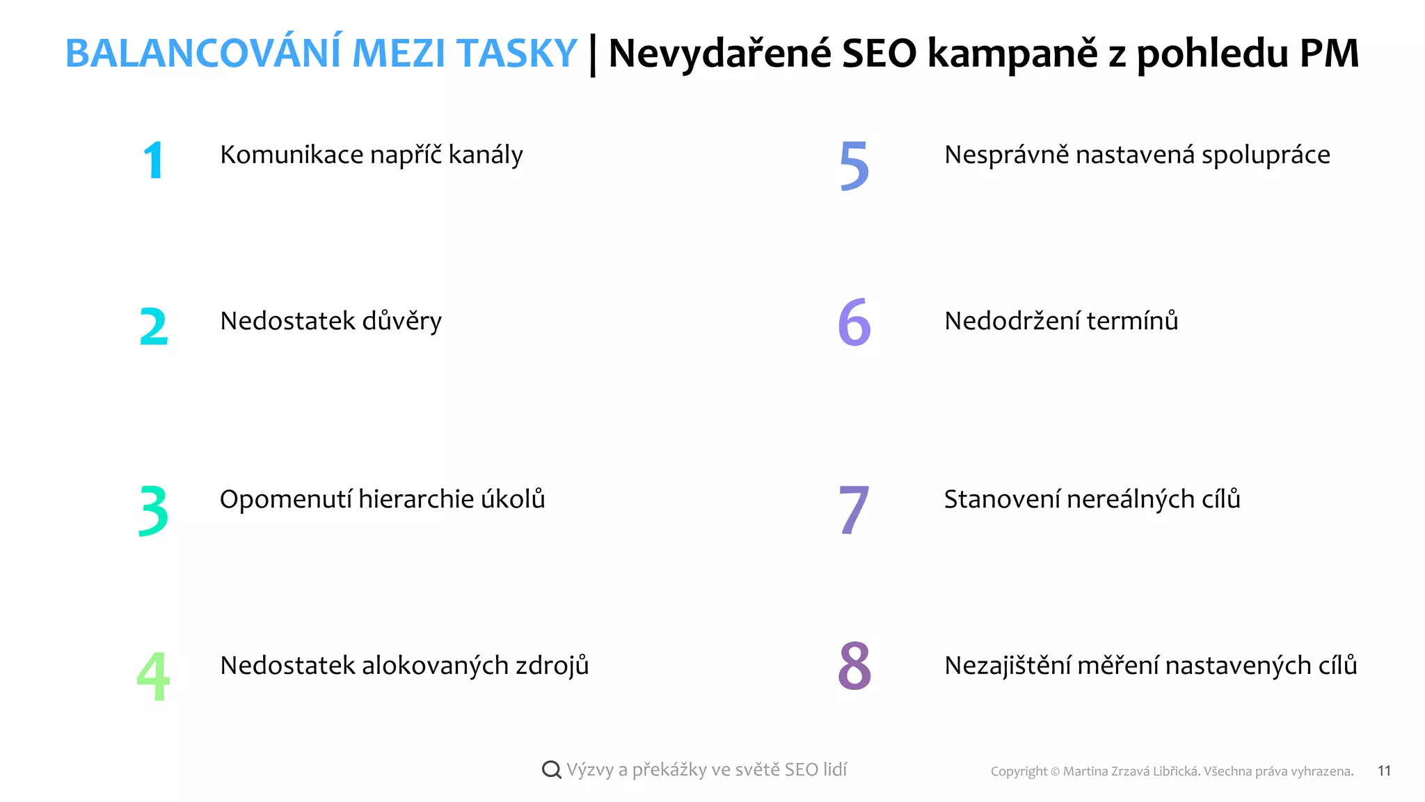 Copyright © Martina Zrzavá Libřická. Všechna práva vyhrazena. 11
Výzvy a překážky ve světě SEO lidí
BALANCOVÁNÍ MEZI TASKY | Nevydařené SEO kampaně z pohledu PM
1
2 6
5
Komunikace napříč kanály
Nedostatek důvěry
Nesprávně nastavená spolupráce
Nedodržení termínů
3 7
Opomenutí hierarchie úkolů Stanovení nereálných cílů
4 8
Nedostatek alokovaných zdrojů Nezajištění měření nastavených cílů
 