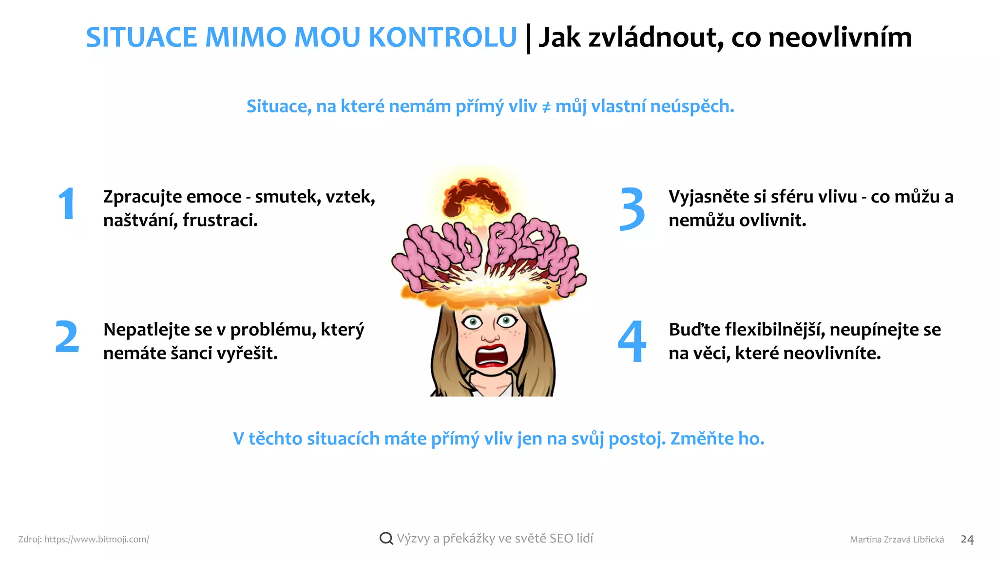 Výzvy a překážky ve světě SEO lidí
SITUACE MIMO MOU KONTROLU | Jak zvládnout, co neovlivním
Martina Zrzavá Libřická 24
Zdroj: https://www.bitmoji.com/
3 Vyjasněte si sféru vlivu - co můžu a
nemůžu ovlivnit.
4 Buďte flexibilnější, neupínejte se
na věci, které neovlivníte.
1 Zpracujte emoce - smutek, vztek,
naštvání, frustraci.
2 Nepatlejte se v problému, který
nemáte šanci vyřešit.
Situace, na které nemám přímý vliv ≠ můj vlastní neúspěch.
V těchto situacích máte přímý vliv jen na svůj postoj. Změňte ho.
 