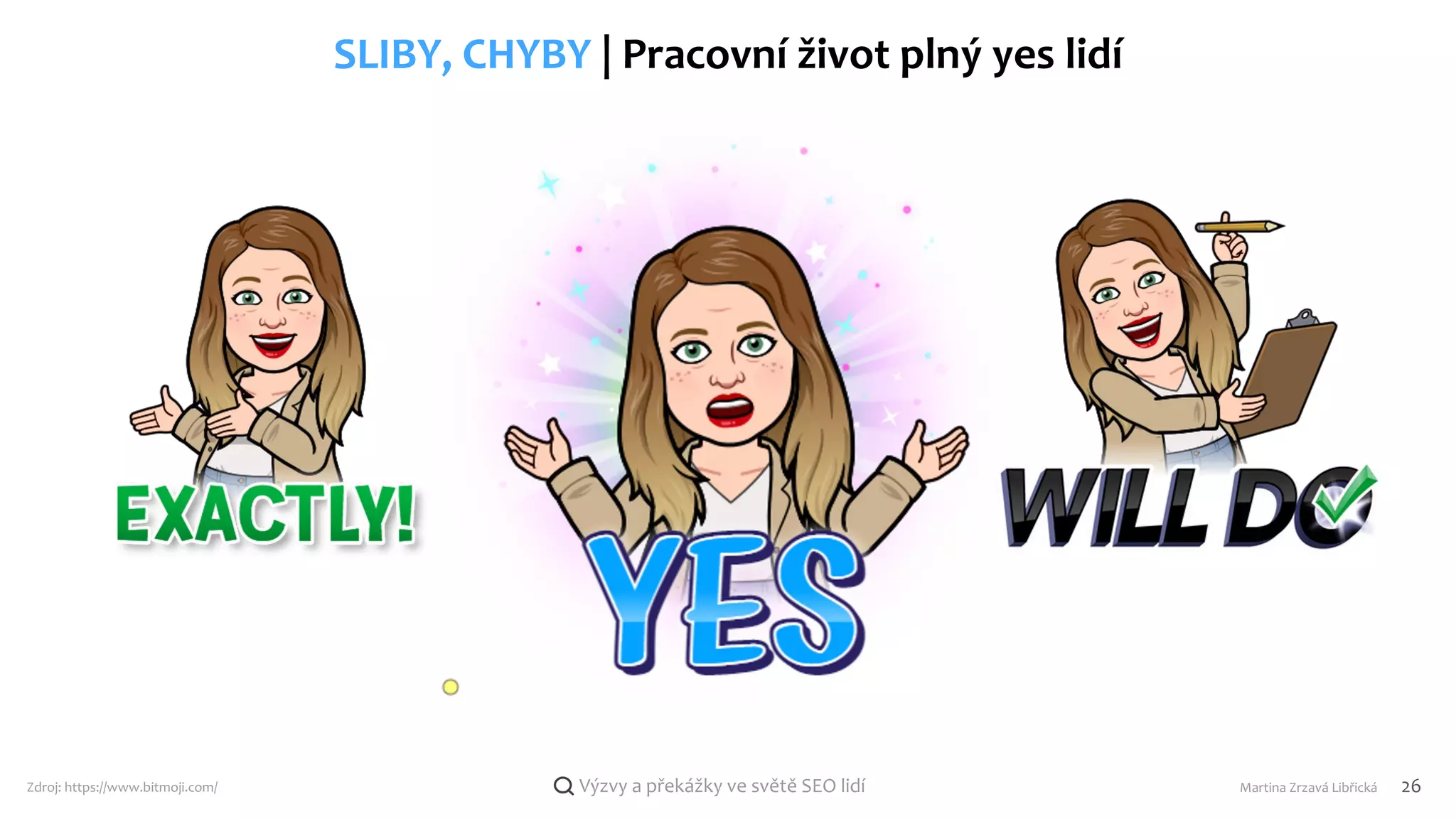 Martina Zrzavá Libřická 26
Výzvy a překážky ve světě SEO lidí
SLIBY, CHYBY | Pracovní život plný yes lidí
Zdroj: https://www.bitmoji.com/
 