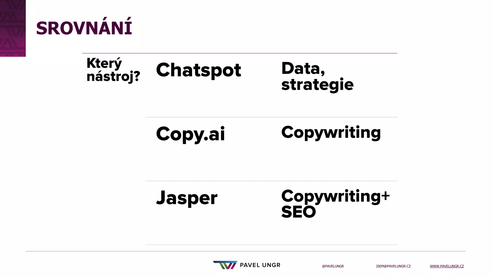 JSEM@PAVELUNGR.CZ WWW.PAVELUNGR.CZ
@PAVELUNGR
SROVNÁNÍ
 