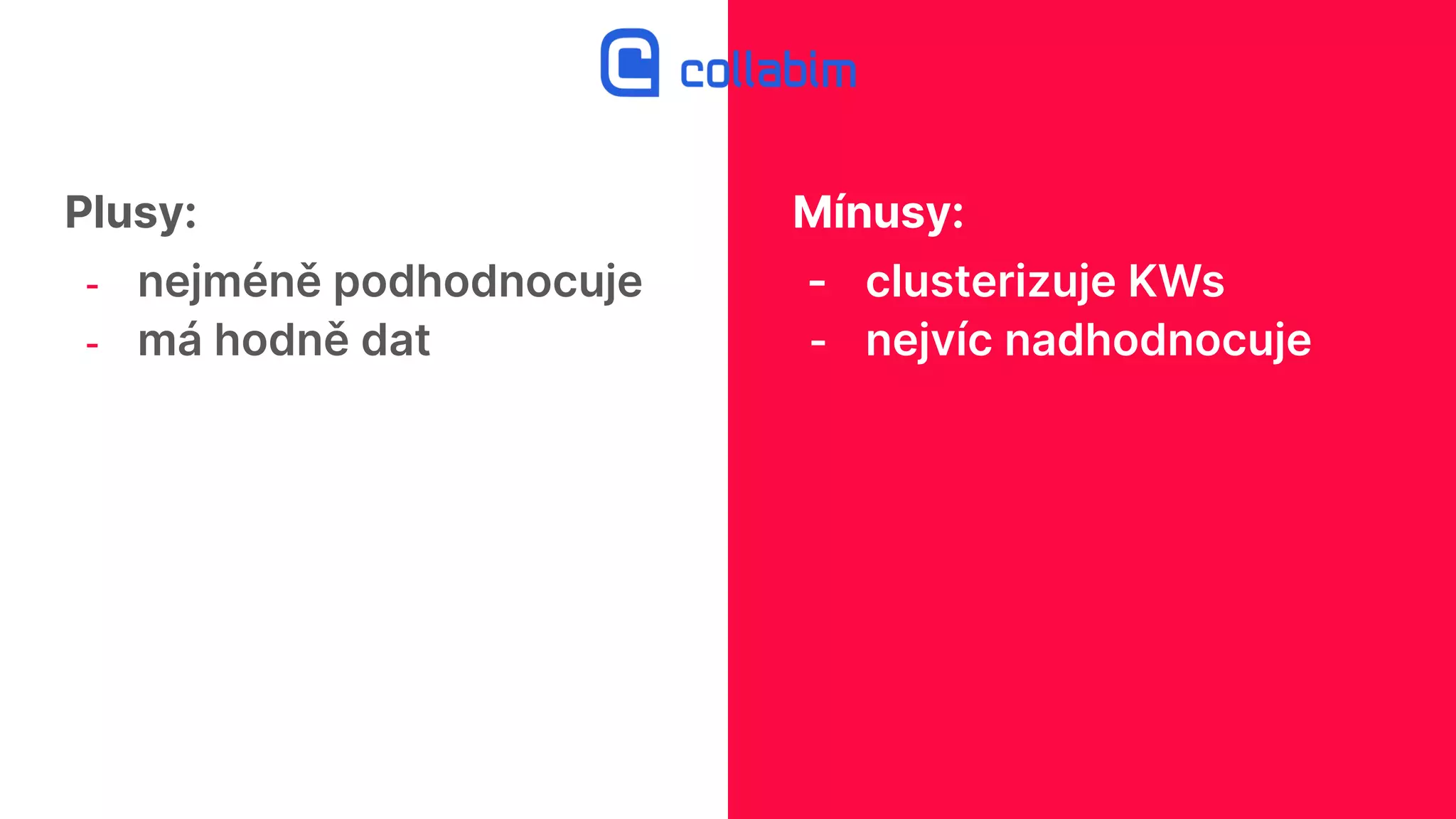 Plusy:
- nejméně podhodnocuje
- má hodně dat
Mínusy:
- clusterizuje KWs
- nejvíc nadhodnocuje
 